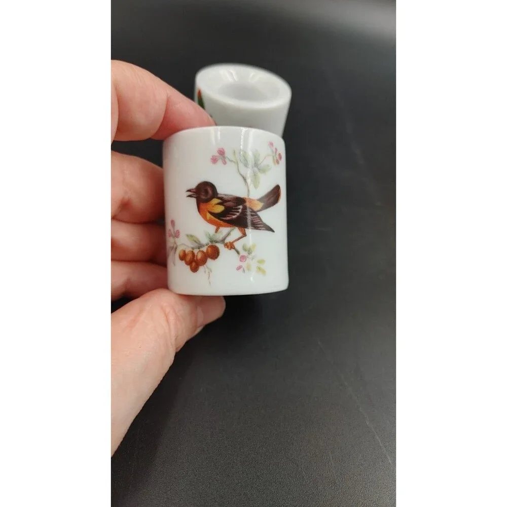Vintage West German Porcelain Taper Poppy and Bird Candle Stick Holders Lot of 2